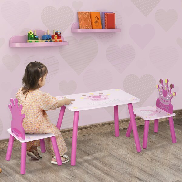 HOMCOM Kids' Wooden Table and Chair Set with Crown Pattern, Easy-Clean Surface, Ideal Gift for Girls Toddlers Aged 3 to 8, Pink Aosom UK