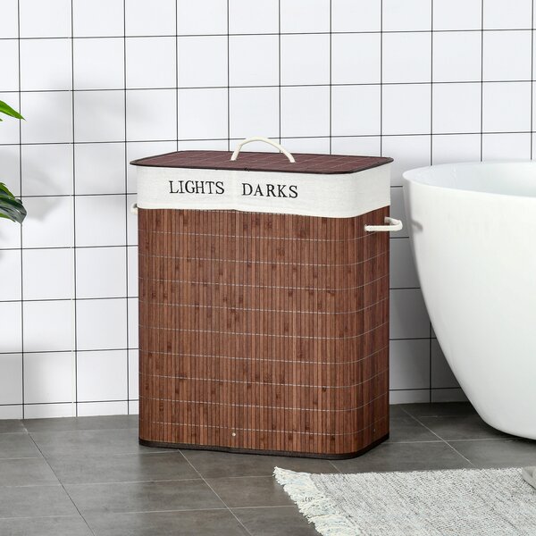 HOMCOM Laundry Basket 100L with Lid, Dual Section, Collapsible Hamper, Removable Liner, Water-Resistant, for Clothes Storage, Brown Aosom UK