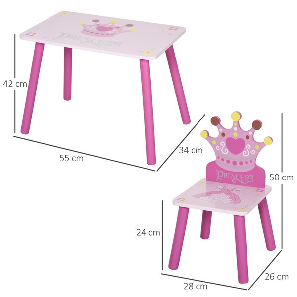 HOMCOM Kids' Wooden Table and Chair Set with Crown Pattern, Easy-Clean Surface, Ideal Gift for Girls Toddlers Aged 3 to 8, Pink Aosom UK