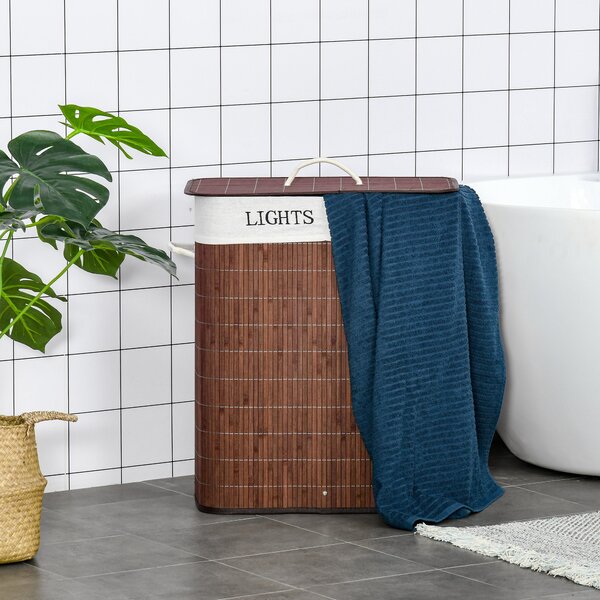 HOMCOM Laundry Basket 100L with Lid, Dual Section, Collapsible Hamper, Removable Liner, Water-Resistant, for Clothes Storage, Brown Aosom UK