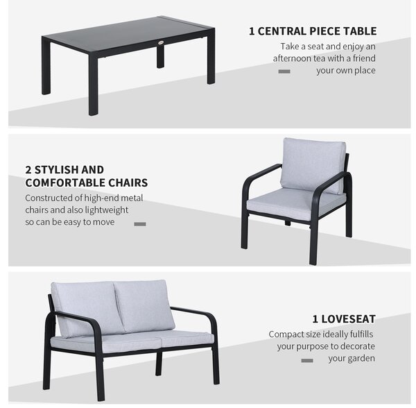 Outsunny 4 Pcs Aluminium Frame Garden Dining Set w/ 2 Chairs Sofa Glass Top Table Foam Cushions Sleek Contemporary Tough Durable Grey Black