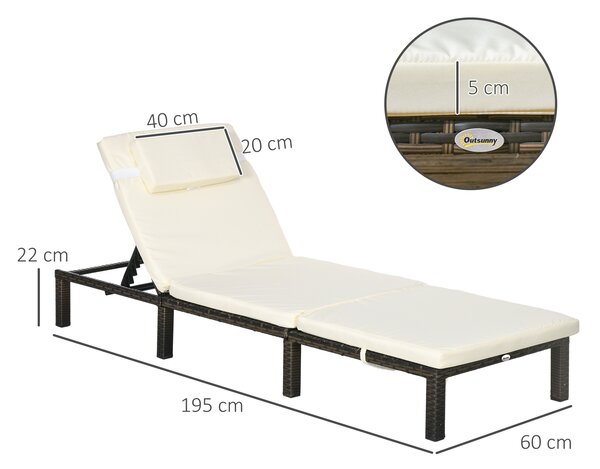 Outsunny Rattan Sun Loungers Set of 2 with 5-Level Adjustable Backrest, Wicker Lounge Chairs with Padded Cushion and Headrest for Outdoor, Poolside, Garden, Cream White