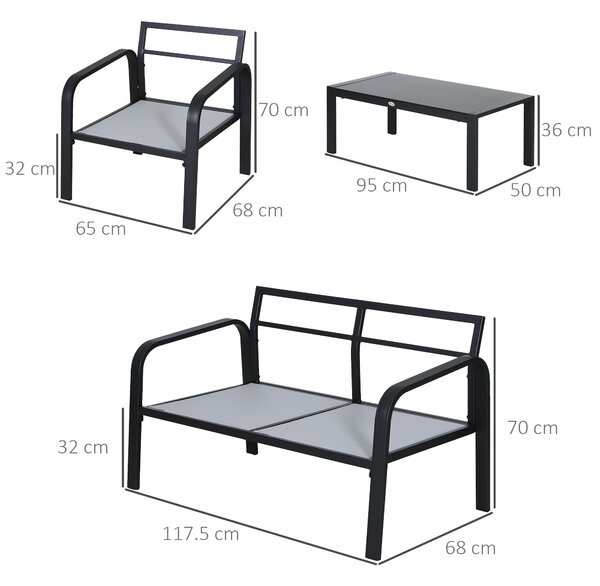 Outsunny 4 Pcs Aluminium Frame Garden Dining Set w/ 2 Chairs Sofa Glass Top Table Foam Cushions Sleek Contemporary Tough Durable Grey Black