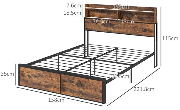 HOMCOM Industrial King Bed Frame, 5.2FT Steel Bed Base w/ Storage Headboard, Footboard, Under Bed Storage, 158 x 222cm, Rustic Brown