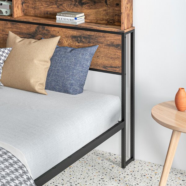 HOMCOM Industrial King Bed Frame, 5.2FT Steel Bed Base w/ Storage Headboard, Footboard, Under Bed Storage, 158 x 222cm, Rustic Brown