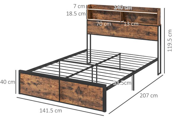 HOMCOM Industrial Double Bed Frame with Storage Headboard and Under Bed Space, Steel Bed Base, Rustic Brown Aosom UK