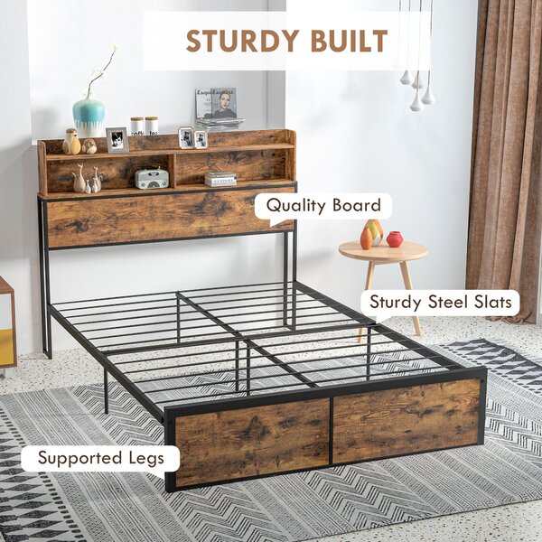 HOMCOM Industrial Double Bed Frame with Storage Headboard and Under Bed Space, Steel Bed Base, Rustic Brown Aosom UK