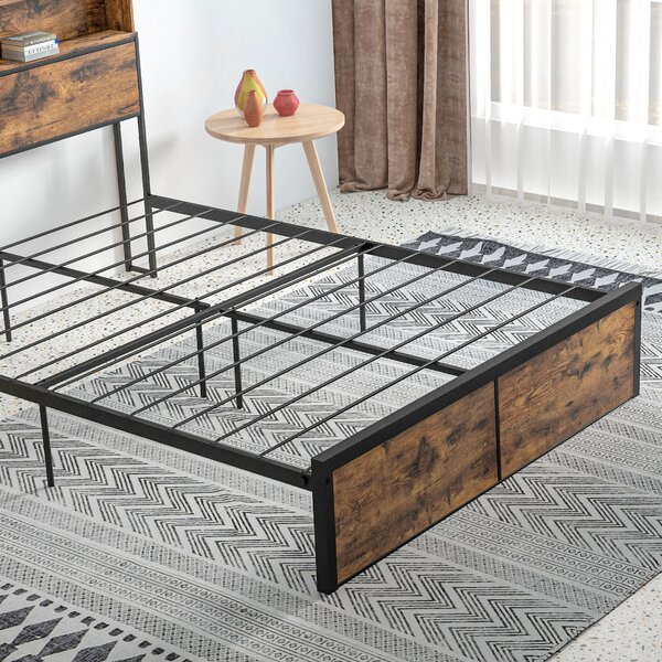 HOMCOM Industrial Double Bed Frame with Storage Headboard and Under Bed Space, Steel Bed Base, Rustic Brown Aosom UK