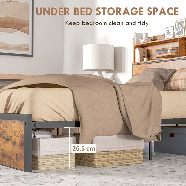 HOMCOM Industrial Double Bed Frame with Storage Headboard and Under Bed Space, Steel Bed Base, Rustic Brown Aosom UK