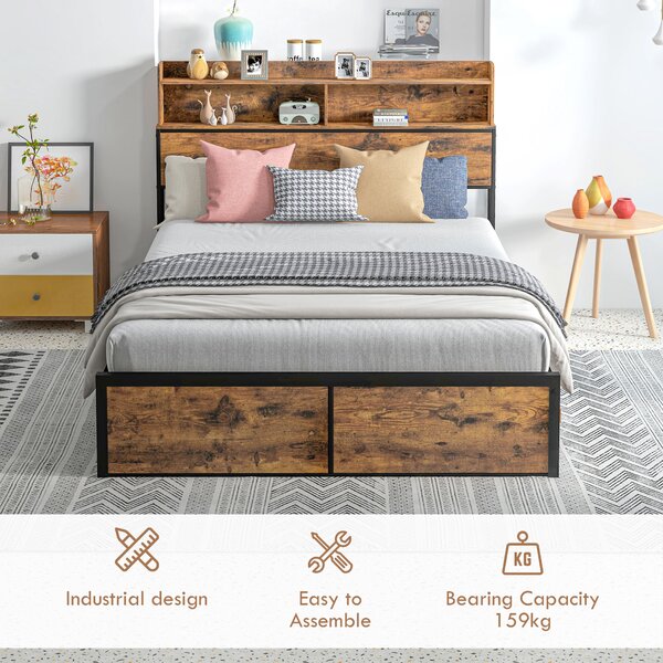 HOMCOM Industrial Double Bed Frame with Storage Headboard and Under Bed Space, Steel Bed Base, Rustic Brown Aosom UK