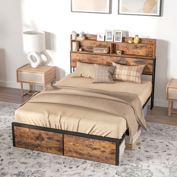 HOMCOM Industrial Double Bed Frame with Storage Headboard and Under Bed Space, Steel Bed Base, Rustic Brown Aosom UK