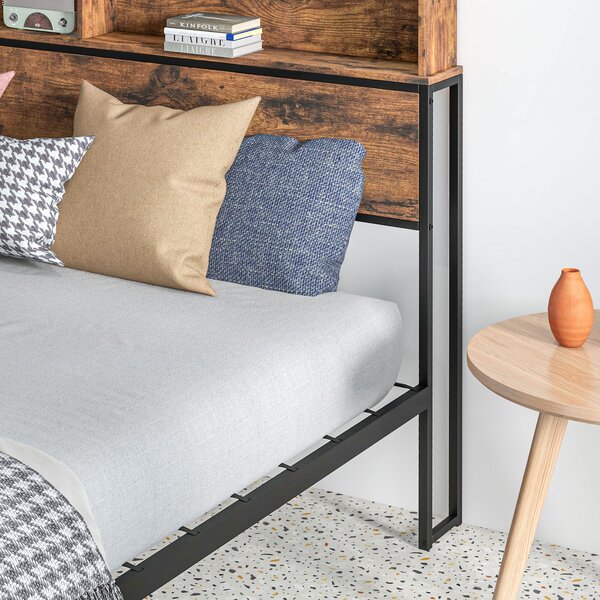 HOMCOM Industrial Double Bed Frame with Storage Headboard and Under Bed Space, Steel Bed Base, Rustic Brown Aosom UK