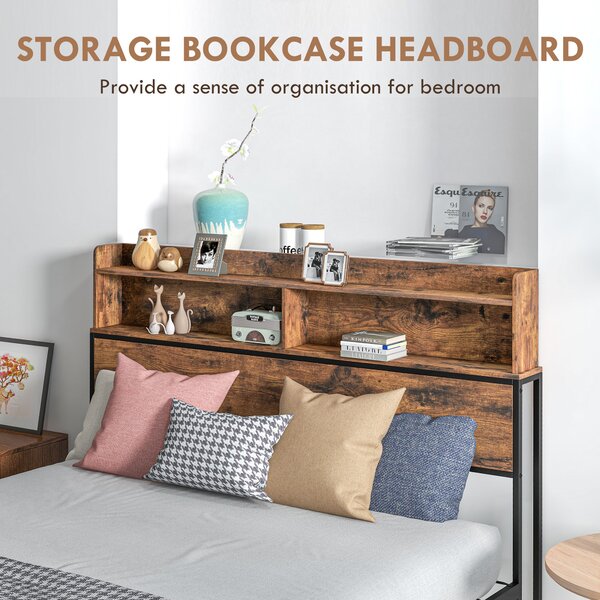 HOMCOM Industrial Double Bed Frame with Storage Headboard and Under Bed Space, Steel Bed Base, Rustic Brown Aosom UK
