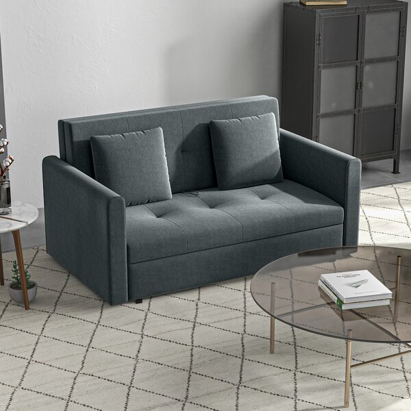 HOMCOM 2 Seater Sofa Bed with Hidden Storage, Modern Snow Flannel Loveseat Sofa with 2 Cushions for Living Room, Dark Grey Aosom UK