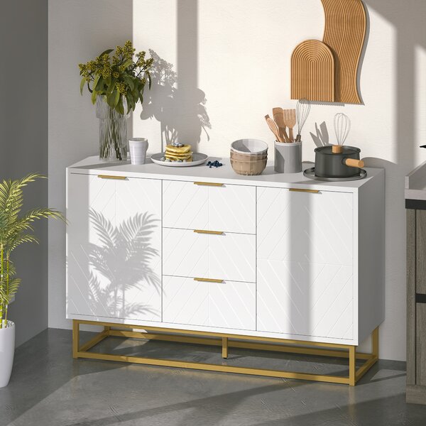 HOMCOM Modern Storage Cabinet Freestanding Cupboard with 3 Drawers for Dining Room, Living Room, White Aosom UK