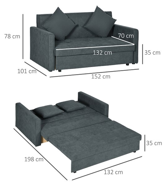 HOMCOM 2 Seater Sofa Bed with Hidden Storage, Modern Snow Flannel Loveseat Sofa with 2 Cushions for Living Room, Dark Grey Aosom UK