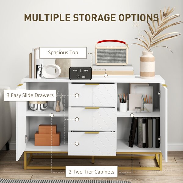 HOMCOM Modern Storage Cabinet Freestanding Cupboard with 3 Drawers for Dining Room, Living Room, White Aosom UK