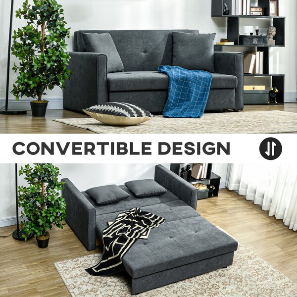 HOMCOM 2 Seater Sofa Bed with Hidden Storage, Modern Snow Flannel Loveseat Sofa with 2 Cushions for Living Room, Dark Grey Aosom UK
