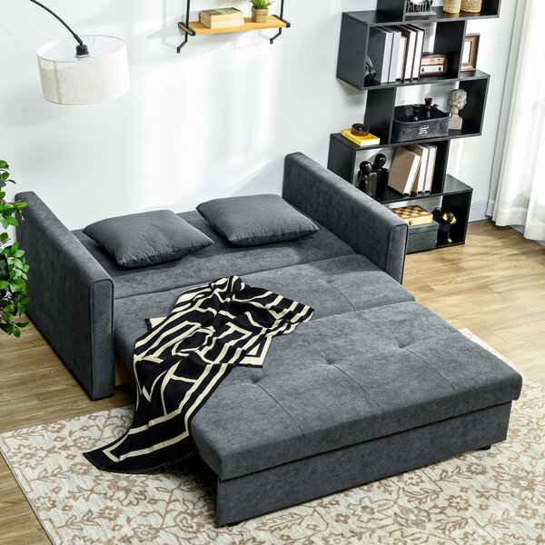 HOMCOM 2 Seater Sofa Bed with Hidden Storage, Modern Snow Flannel Loveseat Sofa with 2 Cushions for Living Room, Dark Grey Aosom UK