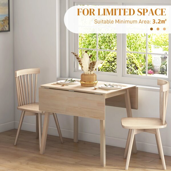 HOMCOM Folding Wood Tables, Extendable Kitchen Table for Small Space, Drop Leaf Dining Table for 2-4 People, Natural Wood Finish Aosom UK