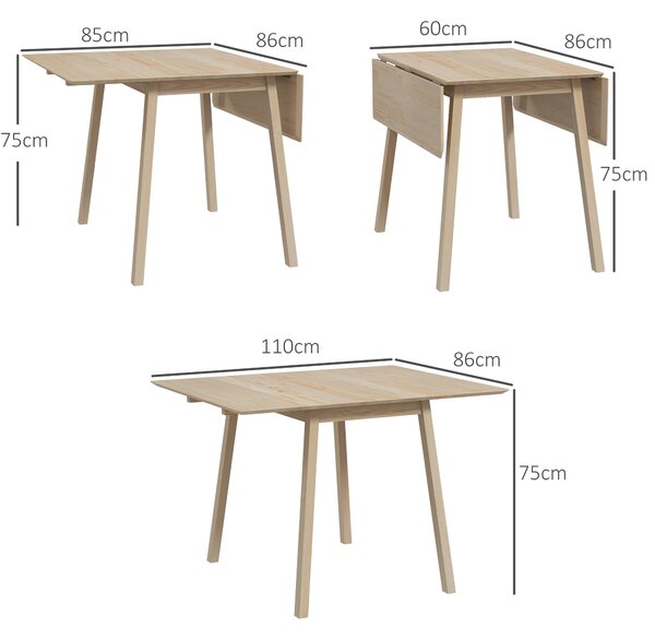 HOMCOM Folding Wood Tables, Extendable Kitchen Table for Small Space, Drop Leaf Dining Table for 2-4 People, Natural Wood Finish Aosom UK