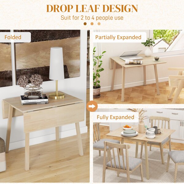 HOMCOM Folding Wood Tables, Extendable Kitchen Table for Small Space, Drop Leaf Dining Table for 2-4 People, Natural Wood Finish Aosom UK
