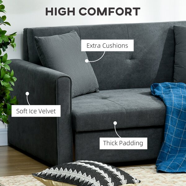 HOMCOM 2 Seater Sofa Bed with Hidden Storage, Modern Snow Flannel Loveseat Sofa with 2 Cushions for Living Room, Dark Grey Aosom UK