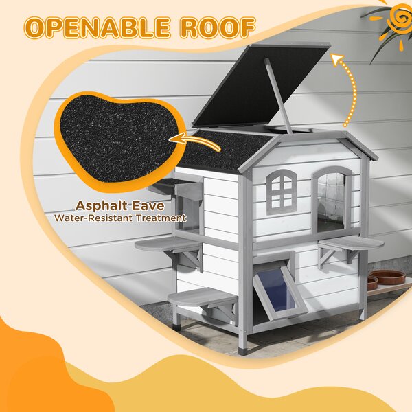 PawHut 2-Storey Indoor or Outdoor Wooden Cat Enclosure Kitty Shelter with Escape Door, Openable Weatherproof & Waterproof Roof, White Aosom UK