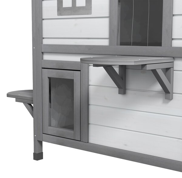 PawHut 2-Storey Indoor or Outdoor Wooden Cat Enclosure Kitty Shelter with Escape Door, Openable Weatherproof & Waterproof Roof, White Aosom UK