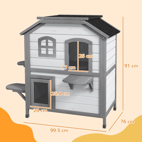 PawHut 2-Storey Indoor or Outdoor Wooden Cat Enclosure Kitty Shelter with Escape Door, Openable Weatherproof & Waterproof Roof, White Aosom UK