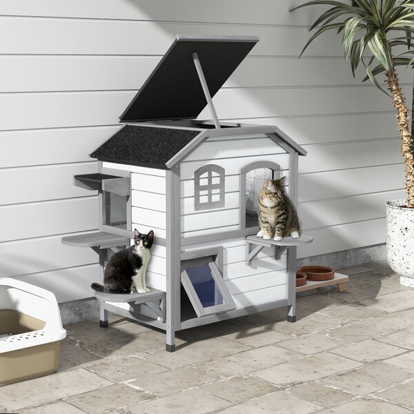 PawHut 2-Storey Indoor or Outdoor Wooden Cat Enclosure Kitty Shelter with Escape Door, Openable Weatherproof & Waterproof Roof, White Aosom UK