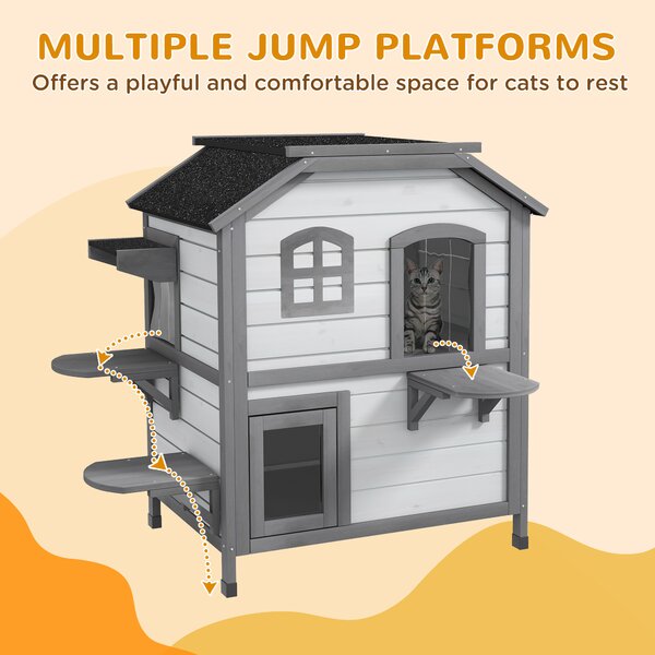 PawHut 2-Storey Indoor or Outdoor Wooden Cat Enclosure Kitty Shelter with Escape Door, Openable Weatherproof & Waterproof Roof, White Aosom UK