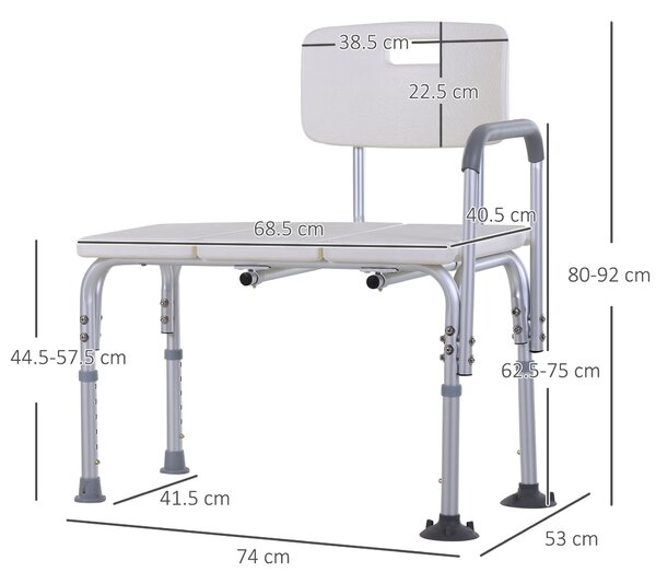 HOMCOM Height Adjustable Shower Chair, Non Slip Bath Transfer Bench for Elderly, Disabled with Armrest and Backrest, 300 lbs Capacity, White