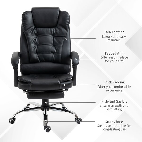 HOMCOM Executive Office Chair, Adjustable PU Leather Home Office Chair w/ Swivel Wheels, Retractable Footrest, Computer Desk Chair, Black Aosom UK