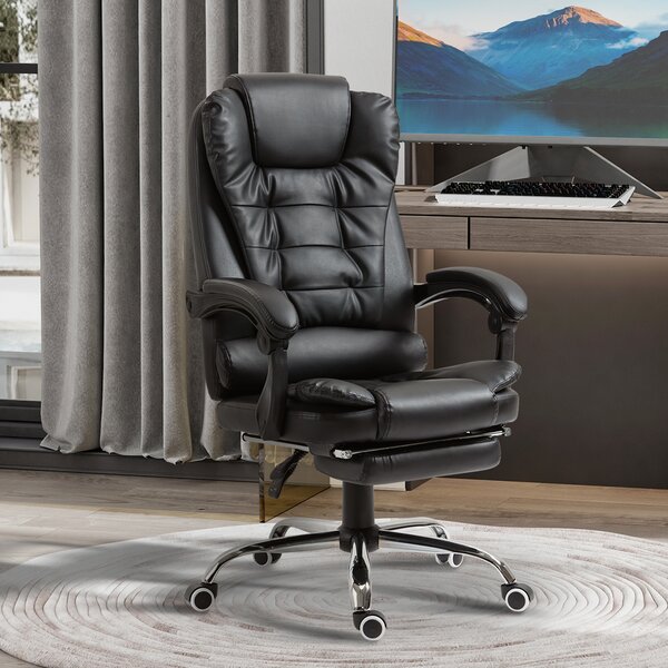 HOMCOM Executive Office Chair, Adjustable PU Leather Home Office Chair w/ Swivel Wheels, Retractable Footrest, Computer Desk Chair, Black Aosom UK