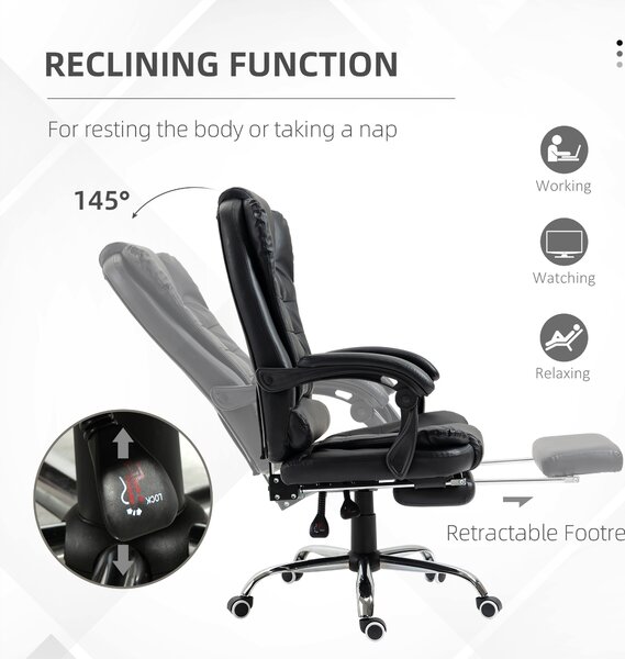 HOMCOM Executive Office Chair, Adjustable PU Leather Home Office Chair w/ Swivel Wheels, Retractable Footrest, Computer Desk Chair, Black Aosom UK