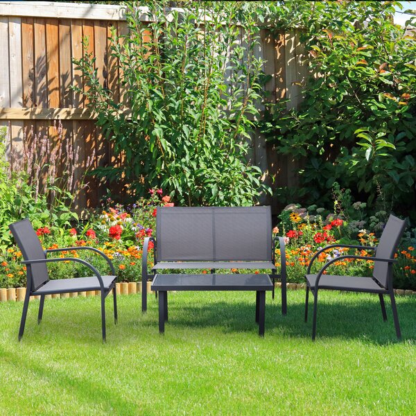 Outsunny 4 pcs Curved Steel Patio Furniture Set w/ Loveseat, Texteline Seats, Glass Top Table For Party Event, Grey Aosom UK