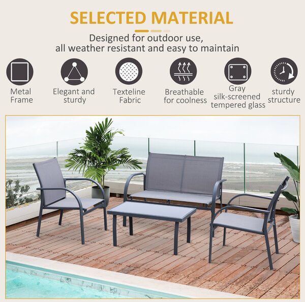 Outsunny 4 pcs Curved Steel Patio Furniture Set w/ Loveseat, Texteline Seats, Glass Top Table For Party Event, Grey Aosom UK