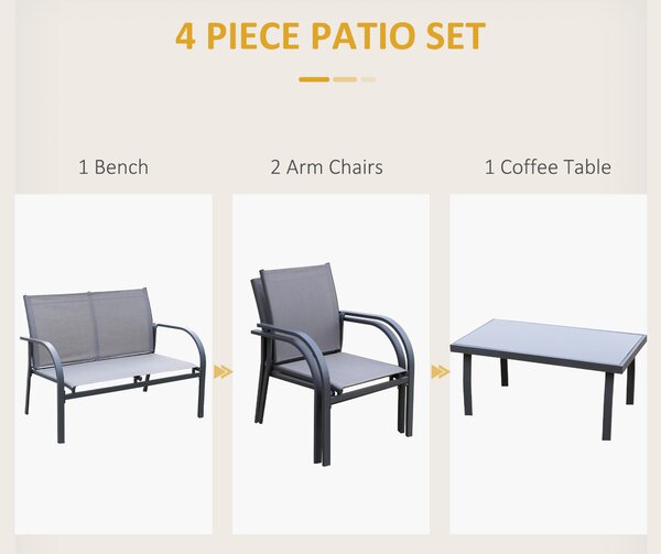 Outsunny 4 pcs Curved Steel Patio Furniture Set w/ Loveseat, Texteline Seats, Glass Top Table For Party Event, Grey Aosom UK