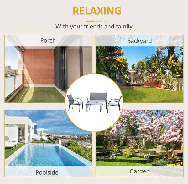 Outsunny 4 pcs Curved Steel Patio Furniture Set w/ Loveseat, Texteline Seats, Glass Top Table For Party Event, Grey Aosom UK