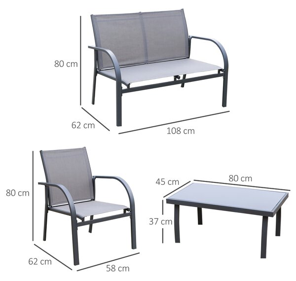 Outsunny 4 pcs Curved Steel Patio Furniture Set w/ Loveseat, Texteline Seats, Glass Top Table For Party Event, Grey Aosom UK