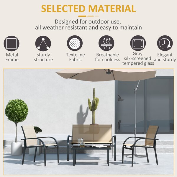 Outsunny 4 Pcs Curved Steel Outdoor Furniture Set w/ Loveseat, 2 Texteline Seats, Glass Top Table Garden Balcony Patio Furniture For Family Party Events Guests -Beige