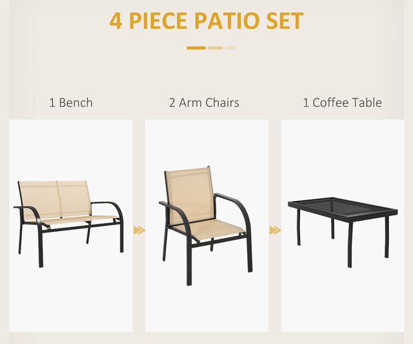 Outsunny 4 Pcs Curved Steel Outdoor Furniture Set w/ Loveseat, 2 Texteline Seats, Glass Top Table Garden Balcony Patio Furniture For Family Party Events Guests -Beige