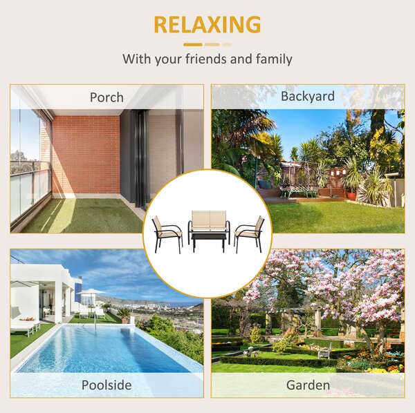 Outsunny 4 Pcs Curved Steel Outdoor Furniture Set w/ Loveseat, 2 Texteline Seats, Glass Top Table Garden Balcony Patio Furniture For Family Party Events Guests -Beige