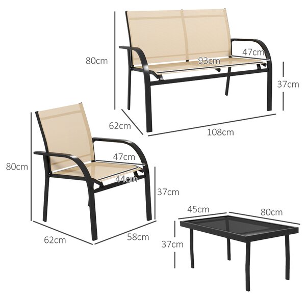 Outsunny 4 Pcs Curved Steel Outdoor Furniture Set w/ Loveseat, 2 Texteline Seats, Glass Top Table Garden Balcony Patio Furniture For Family Party Events Guests -Beige