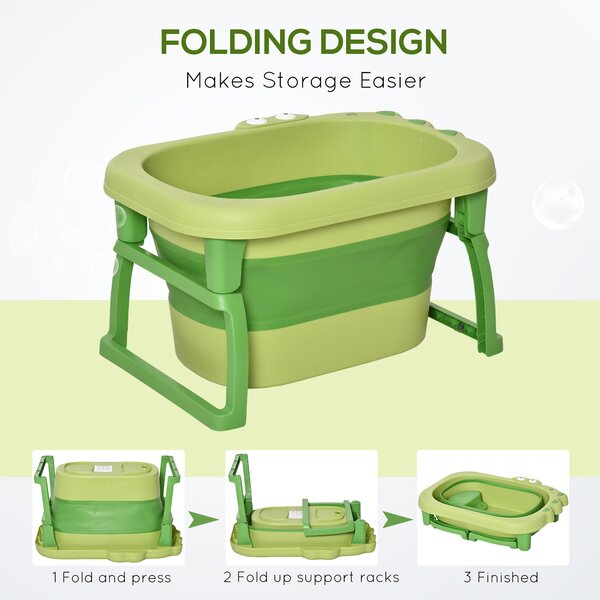 HOMCOM Baby Bath Tub for Newborns to Toddlers, Collapsible Non-Slip Portable Bath with Stool Seat for Infants, Crocodile Shape, Green Aosom UK