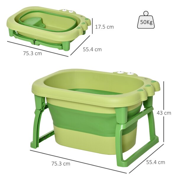 HOMCOM Baby Bath Tub for Newborns to Toddlers, Collapsible Non-Slip Portable Bath with Stool Seat for Infants, Crocodile Shape, Green Aosom UK