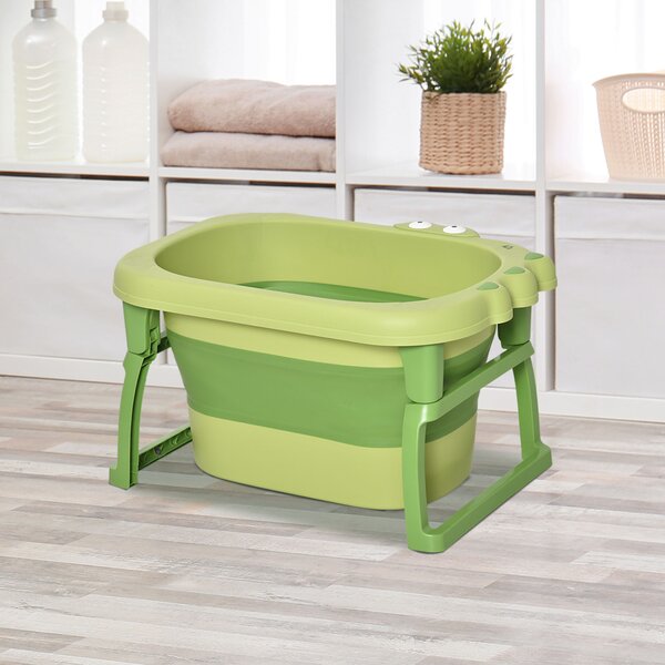 HOMCOM Baby Bath Tub for Newborns to Toddlers, Collapsible Non-Slip Portable Bath with Stool Seat for Infants, Crocodile Shape, Green Aosom UK
