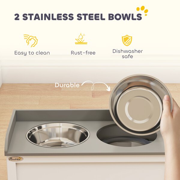 PawHut Stainless Steel Raised Dog Bowls with 21L Storage Drawer for Large Dogs and Cats - White Aosom UK