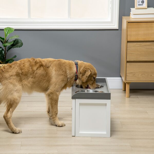 PawHut Stainless Steel Raised Dog Bowls with 21L Storage Drawer for Large Dogs and Cats - White Aosom UK